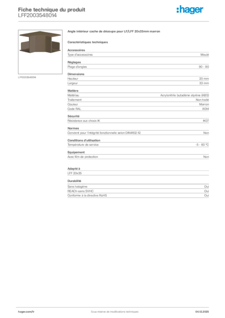 Image Hager Fiche technique du produit LFF2003548014 | Hager France