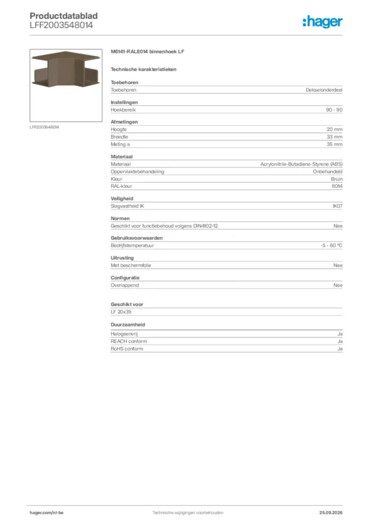 Afbeelding Hager Productdatablad LFF2003548014 | Hager Belgium