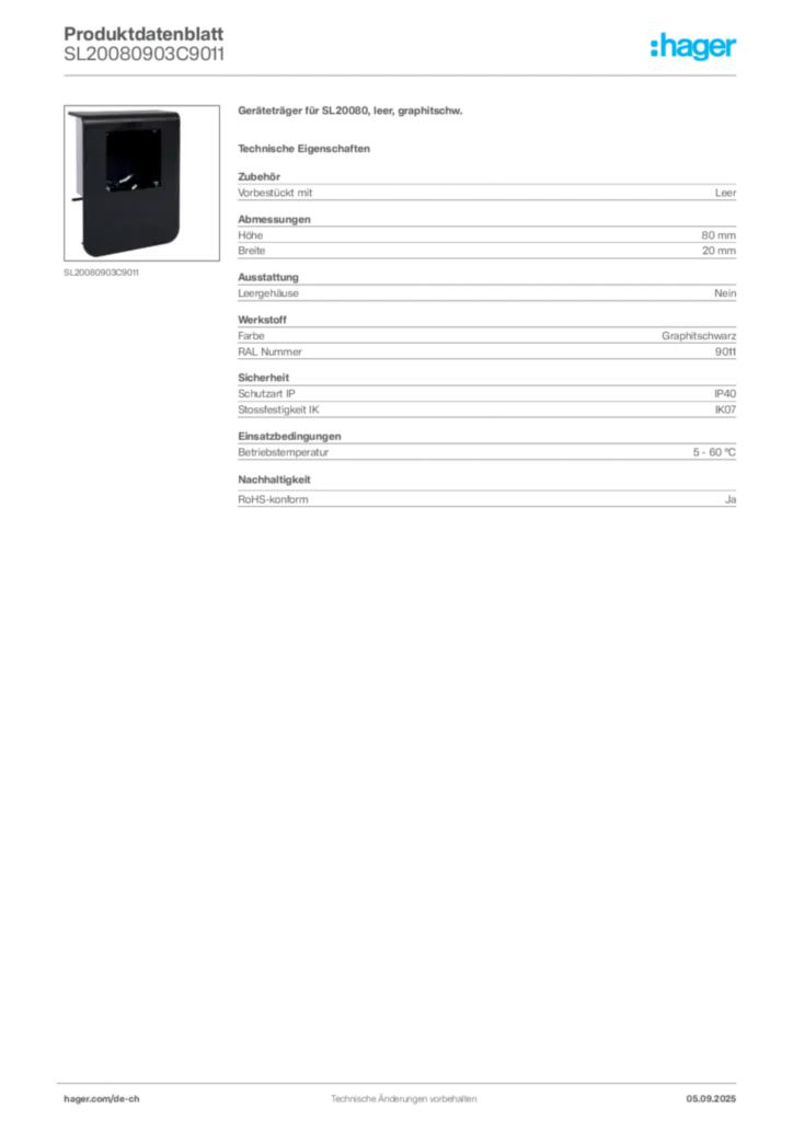 Bild Hager Produktdatenblatt SL20080903C9011 | Hager Schweiz