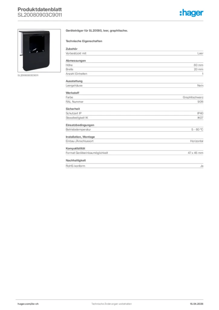 Bild Hager Produktdatenblatt SL20080903C9011 | Hager Schweiz