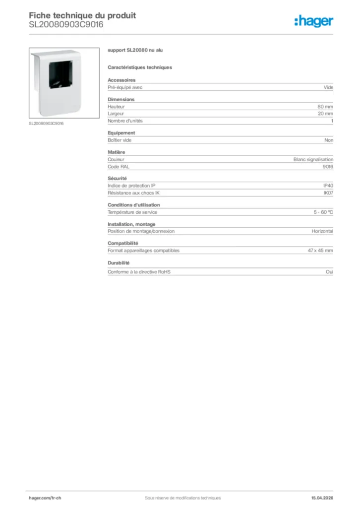 Image Hager Fiche technique du produit SL20080903C9016 | Hager Suisse