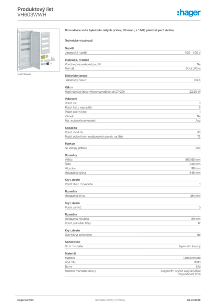 Obrázek Hager Product data sheet VH603WWH | Hager