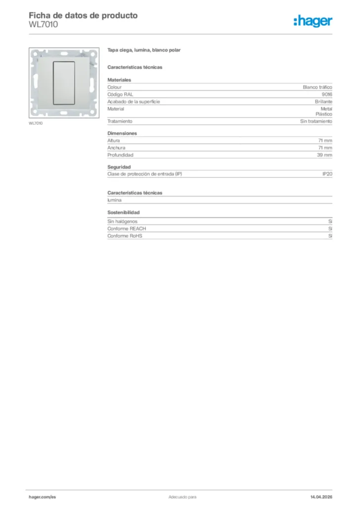 Imagen Hager Ficha de datos de producto WL7010 | Hager España