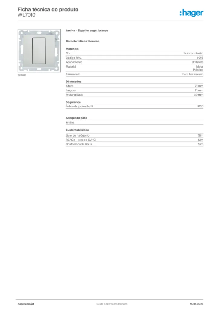 Imagem Hager Ficha técnica do produto WL7010 | Hager Portugal