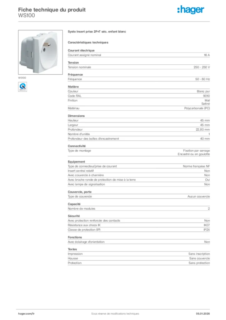 Image Hager Fiche technique du produit WS100 | Hager France