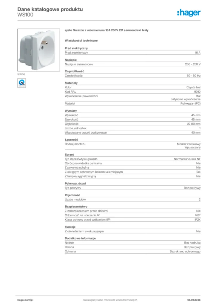 Zdjęcie Hager Karta katalogowa WS100 | Hager Polska