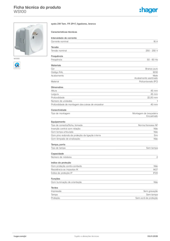 Imagem Hager Ficha técnica do produto WS100 | Hager Portugal