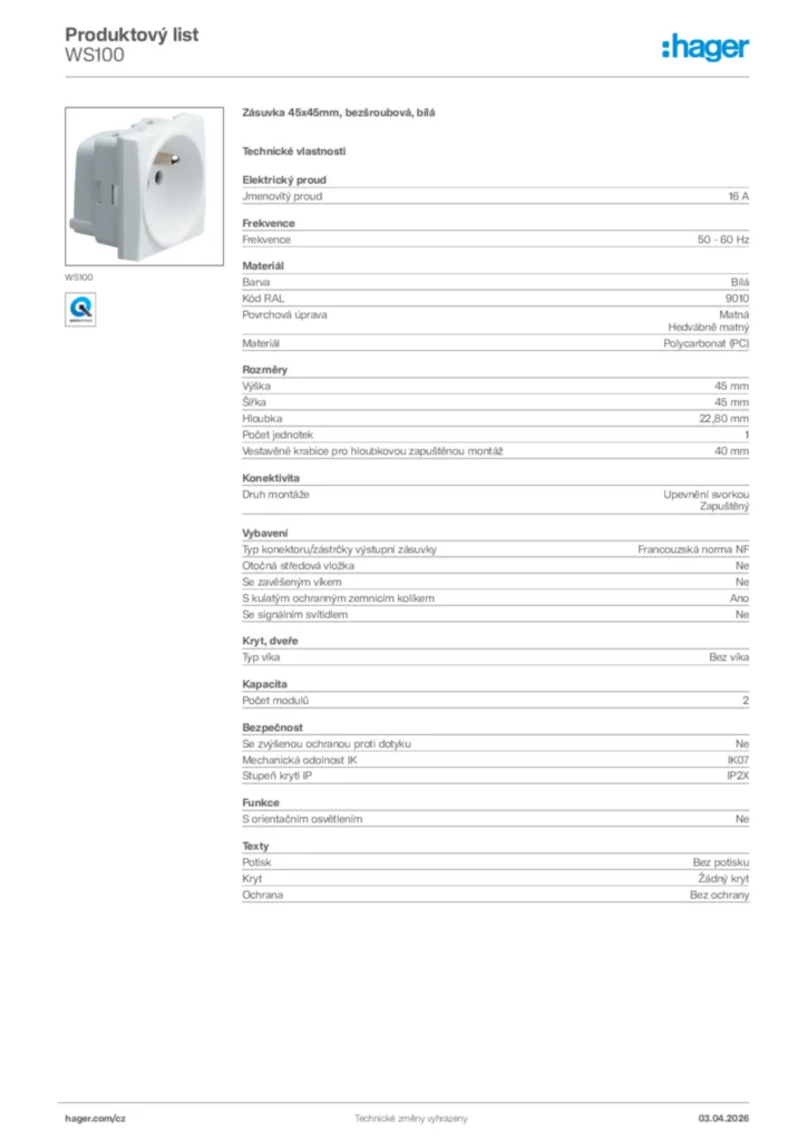 Obrázek Hager Product data sheet WS100 | Hager