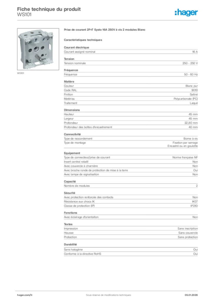 Image Hager Fiche technique du produit WS101 | Hager France