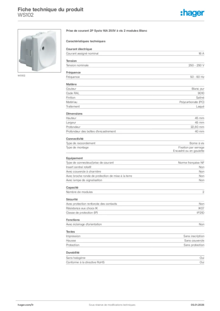 Image Hager Fiche technique du produit WS102 | Hager France