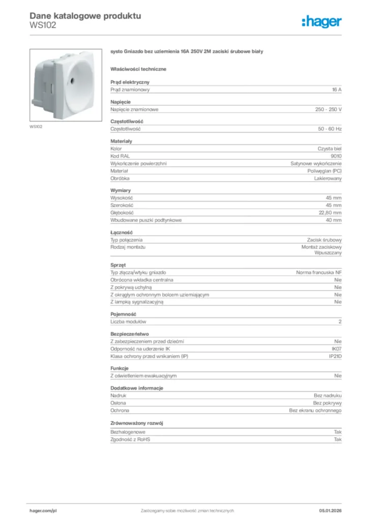 Zdjęcie Hager Karta katalogowa WS102 | Hager Polska