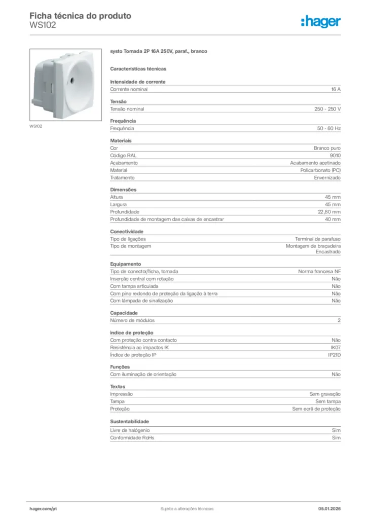 Imagem Hager Ficha técnica do produto WS102 | Hager Portugal