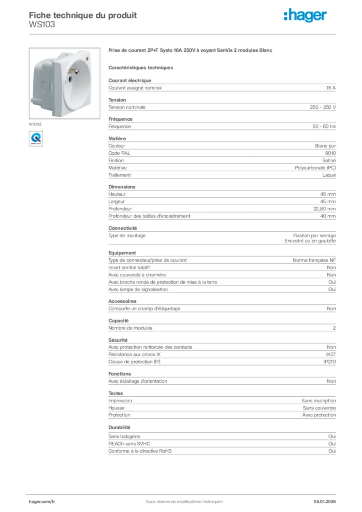 Image Hager Fiche technique du produit WS103 | Hager France