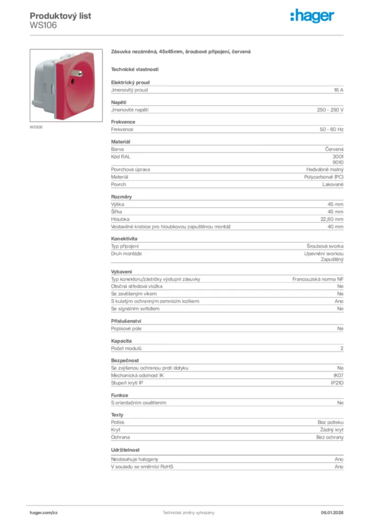 Obrázek Hager Product data sheet WS106 | Hager