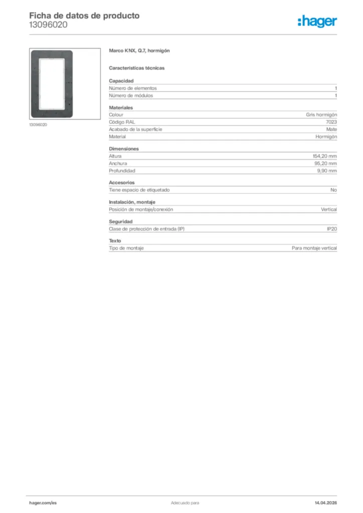 Imagen Hager Ficha de datos de producto 13096020 | Hager España