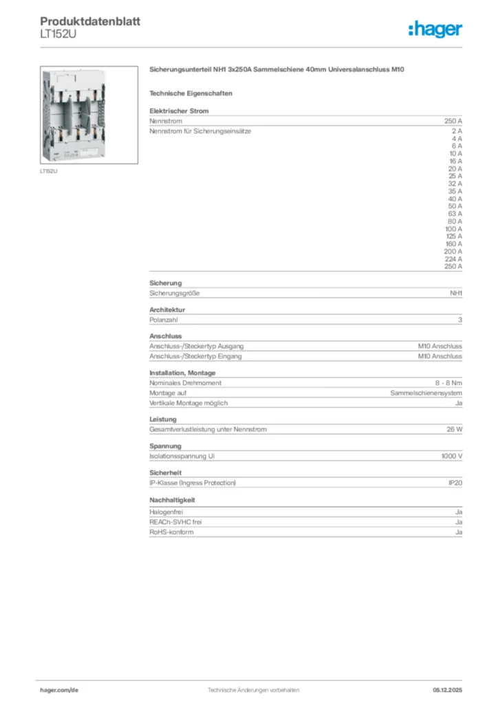 Bild Hager Produktdatenblatt LT152U | Hager Deutschland
