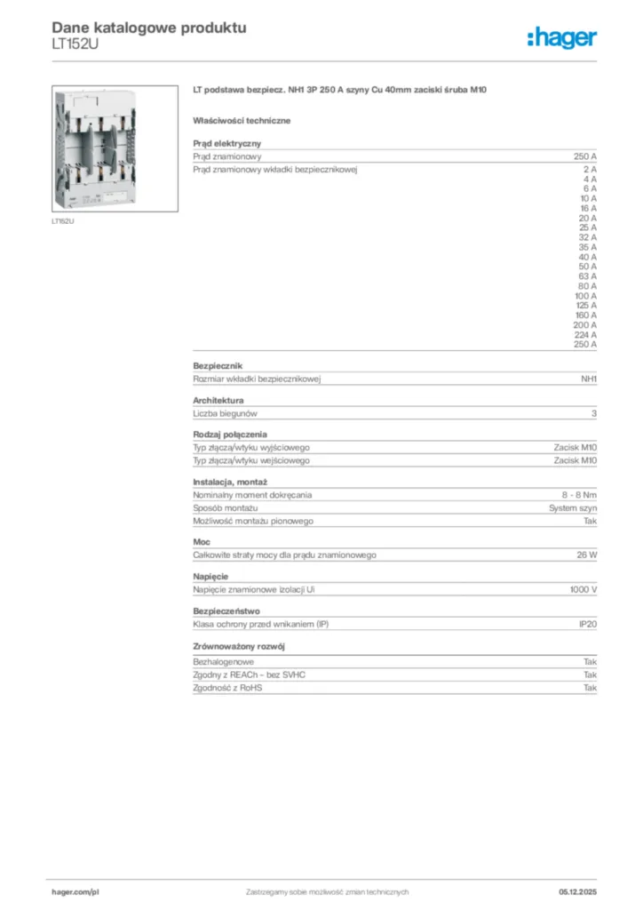 Zdjęcie Hager Dane katalogowe produktu LT152U | Hager Polska