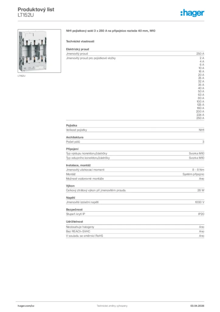 Obrázek Hager Product data sheet LT152U | Hager