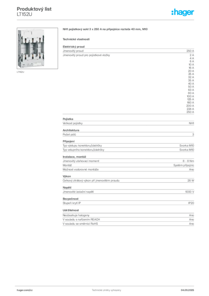 Obrázek Hager Produktový list LT152U | Hager