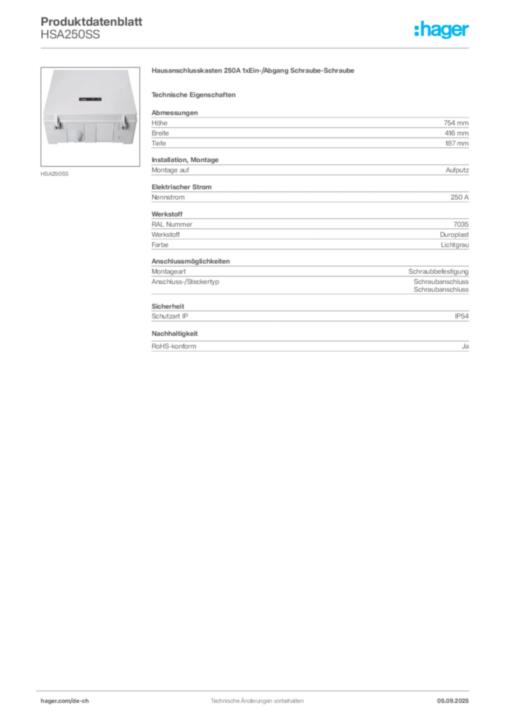 Bild Hager Produktdatenblatt HSA250SS | Hager Schweiz