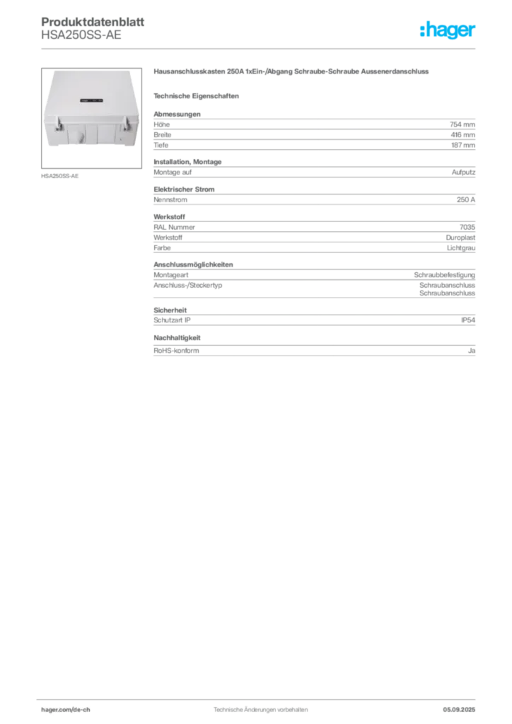 Bild Hager Produktdatenblatt HSA250SS-AE | Hager Schweiz