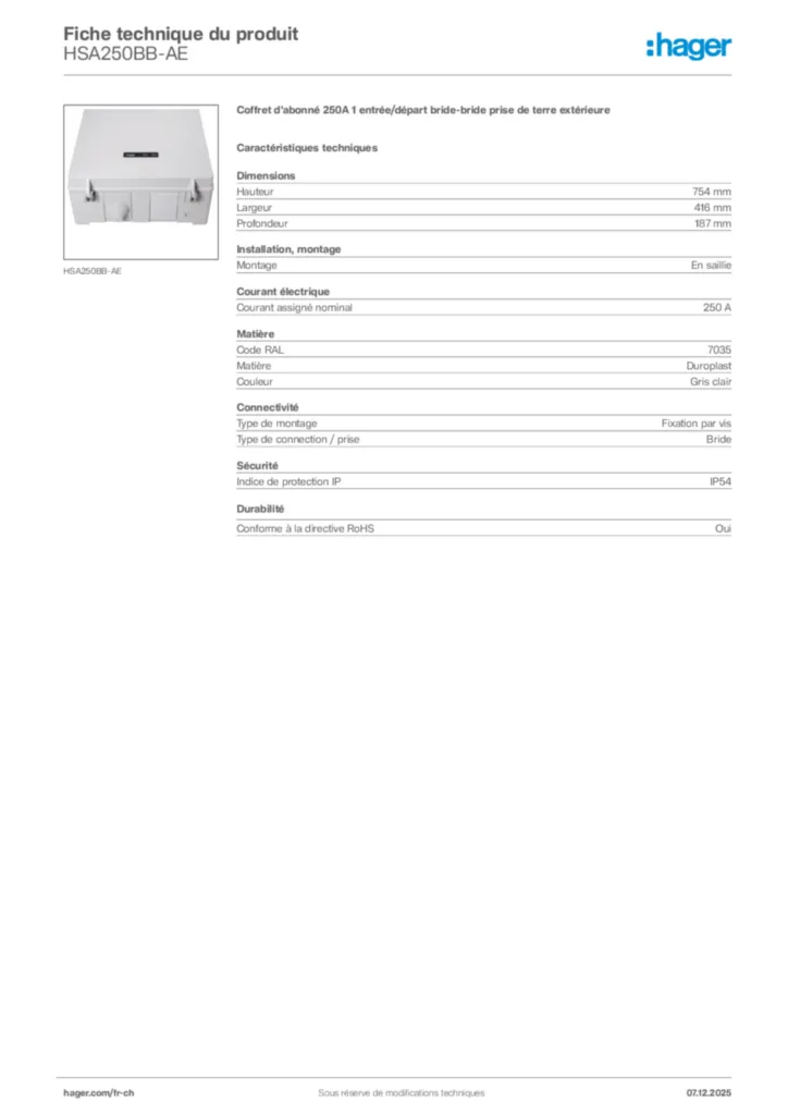 Image Hager Fiche technique du produit HSA250BB-AE | Hager Suisse