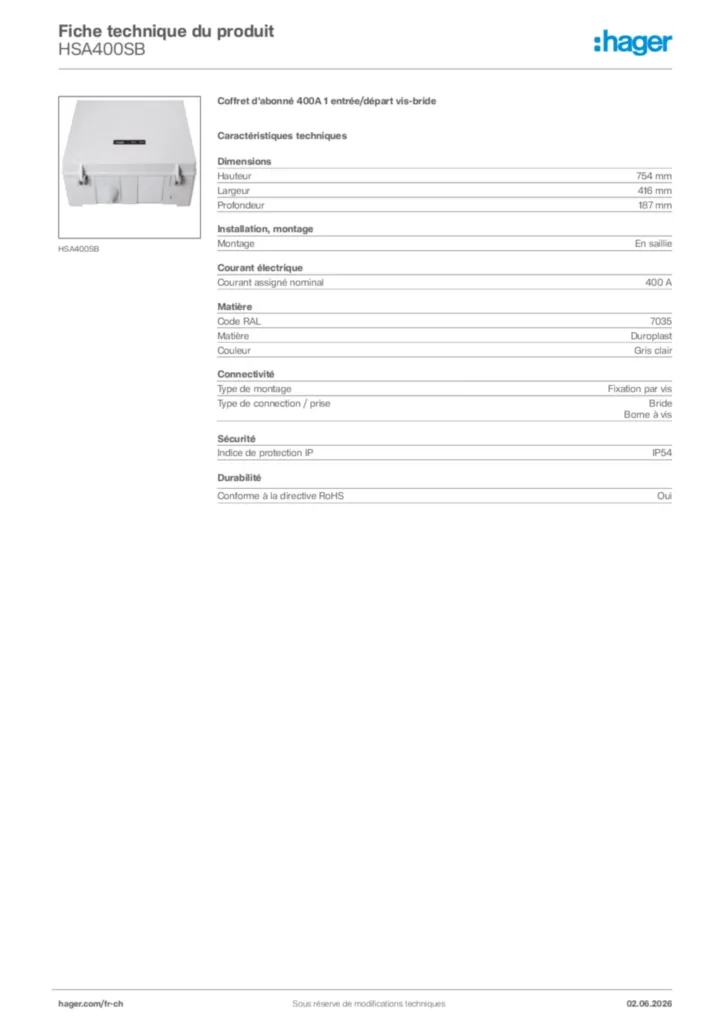Image Hager Fiche technique du produit HSA400SB | Hager Suisse