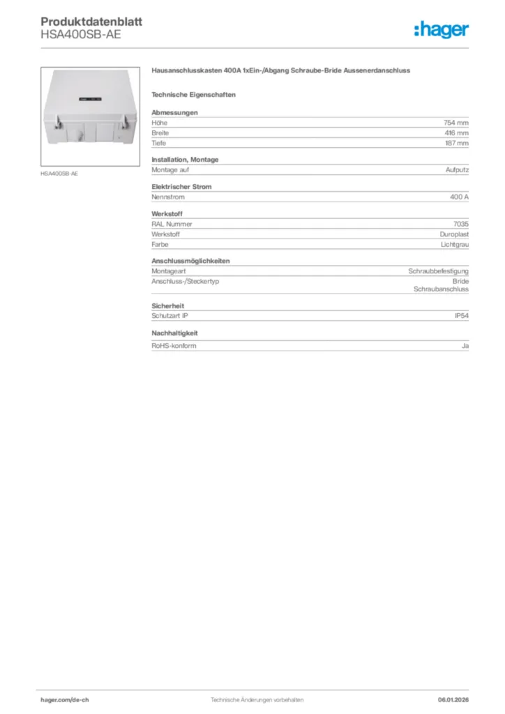 Bild Hager Produktdatenblatt HSA400SB-AE | Hager Schweiz