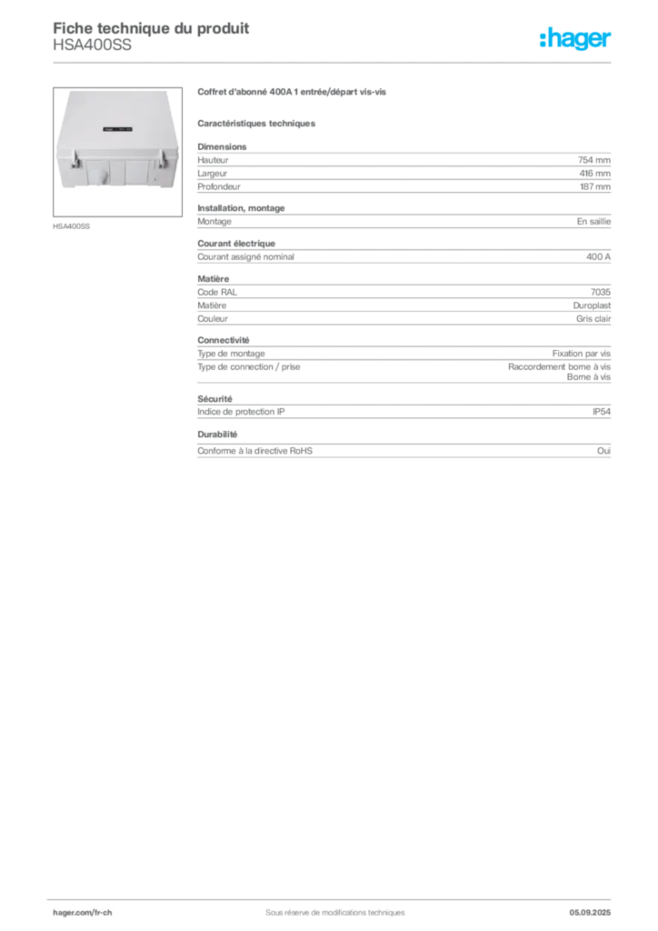 Image Hager Fiche technique du produit HSA400SS | Hager Suisse