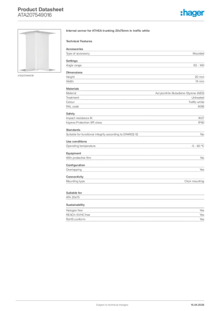 Image Hager Product data sheet ATA207549016  | Hager Africa