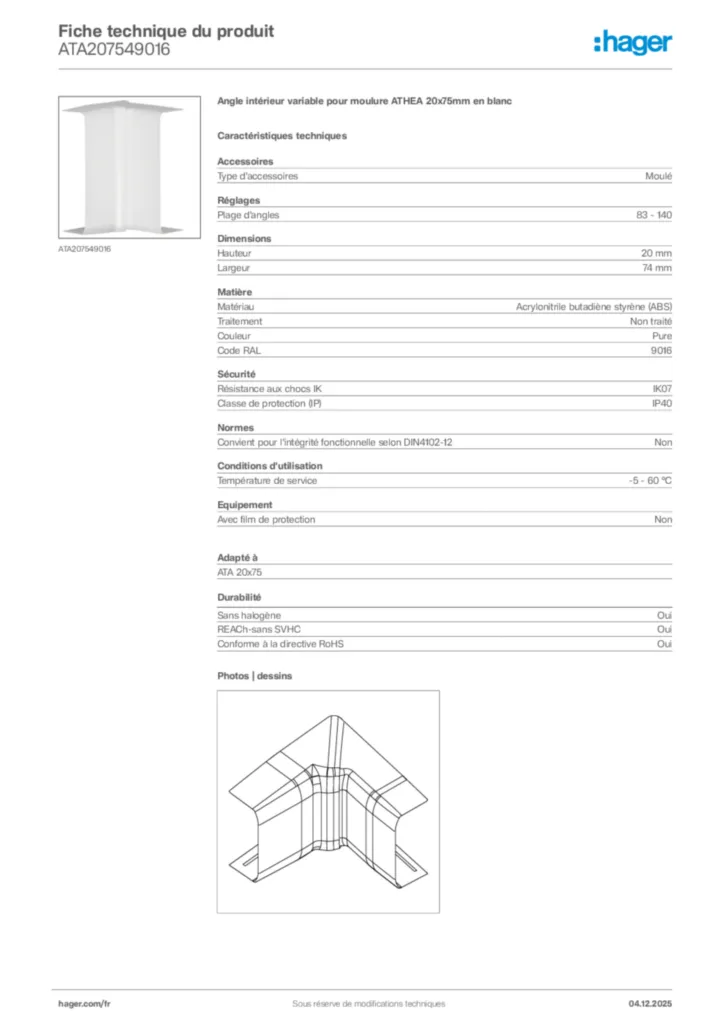 Image Hager Fiche technique du produit ATA207549016 | Hager France