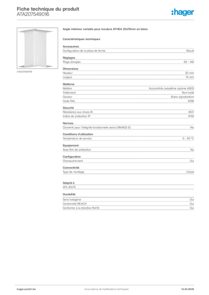 Image Hager Fiche technique du produit ATA207549016 | Hager Belgique