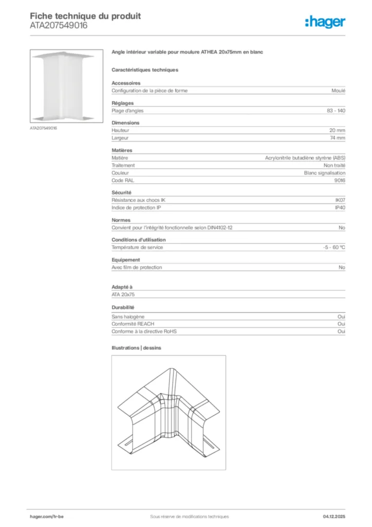 Image Hager Fiche technique du produit ATA207549016 | Hager Belgique