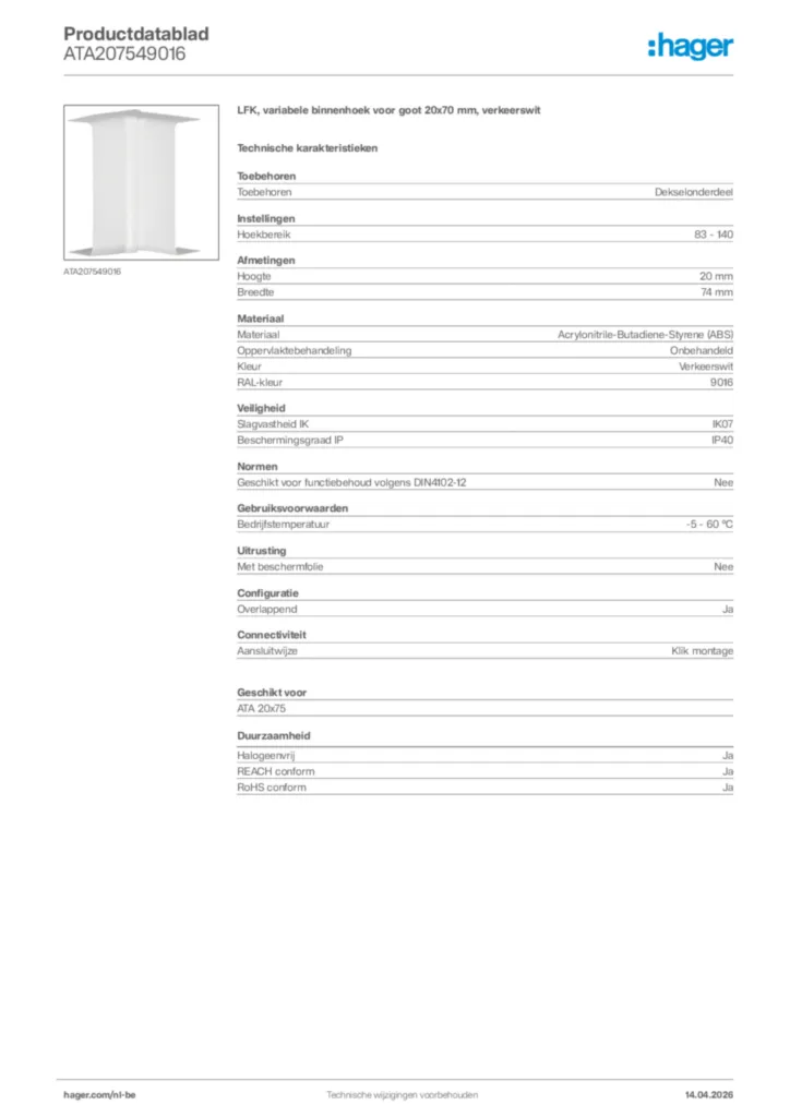 Afbeelding Hager Productdatablad ATA207549016 | Hager Belgium