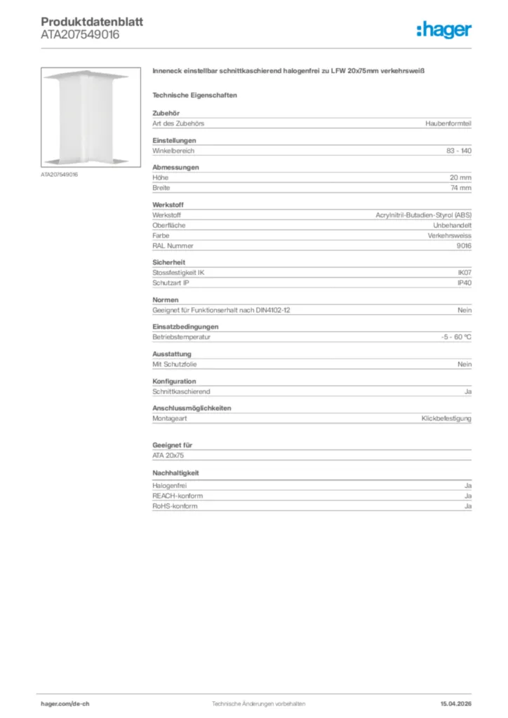 Bild Hager Produktdatenblatt ATA207549016 | Hager Schweiz