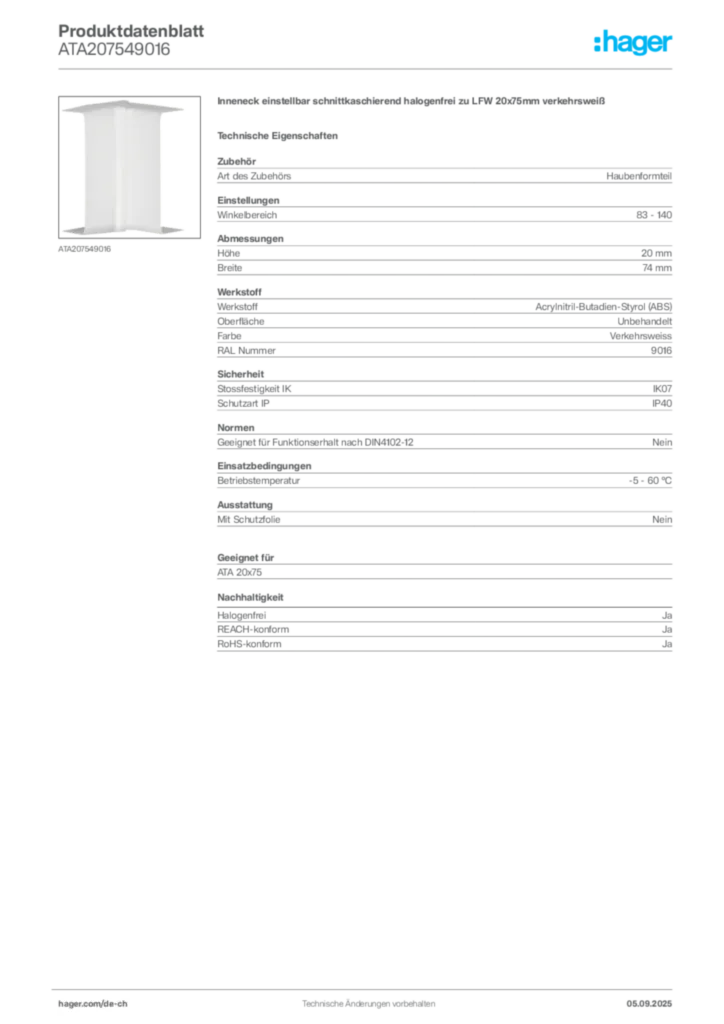Bild Hager Produktdatenblatt ATA207549016 | Hager Schweiz
