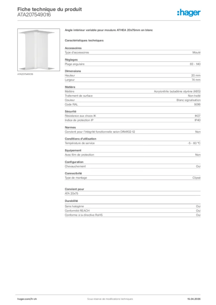 Image Hager Fiche technique du produit ATA207549016 | Hager Suisse