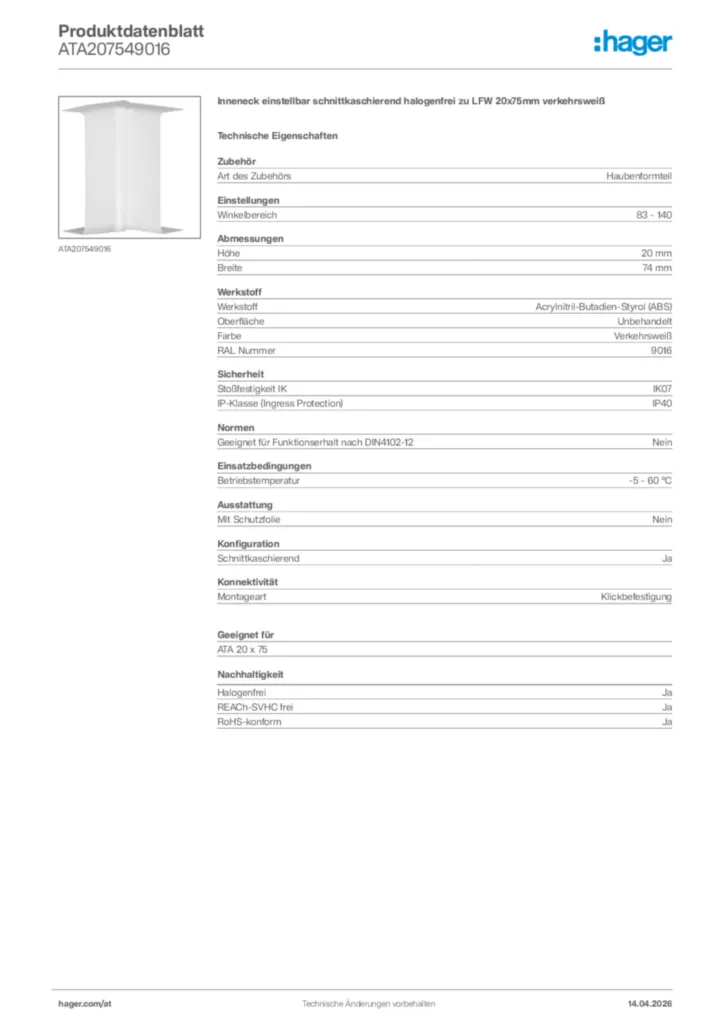 Bild Hager Produktdatenblatt ATA207549016 | Hager Deutschland