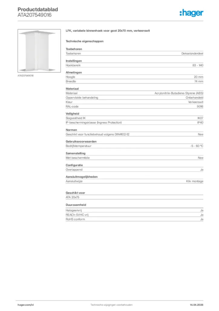 Afbeelding Hager Productdatablad ATA207549016 | Hager Nederland