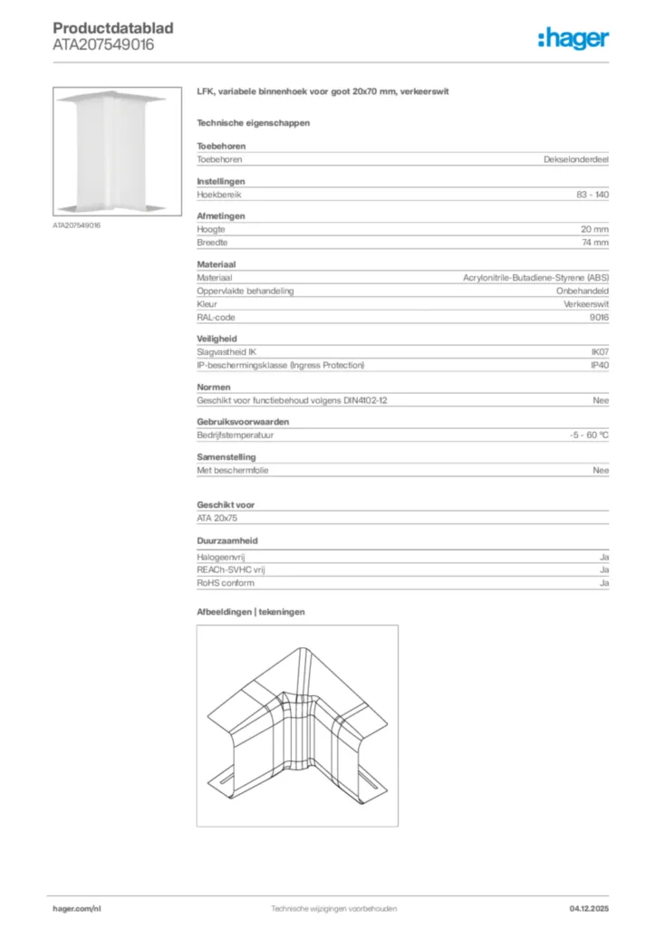 Afbeelding Hager Productdatablad ATA207549016 | Hager Nederland