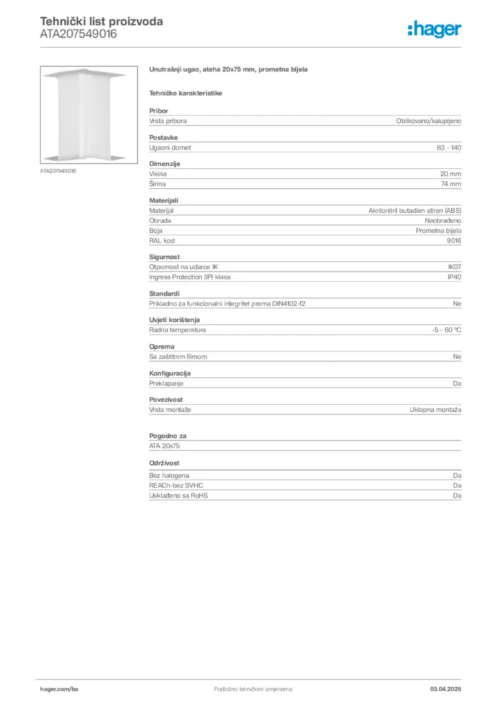 Slika Hager Tehnički list proizvoda ATA207549016  | Hager