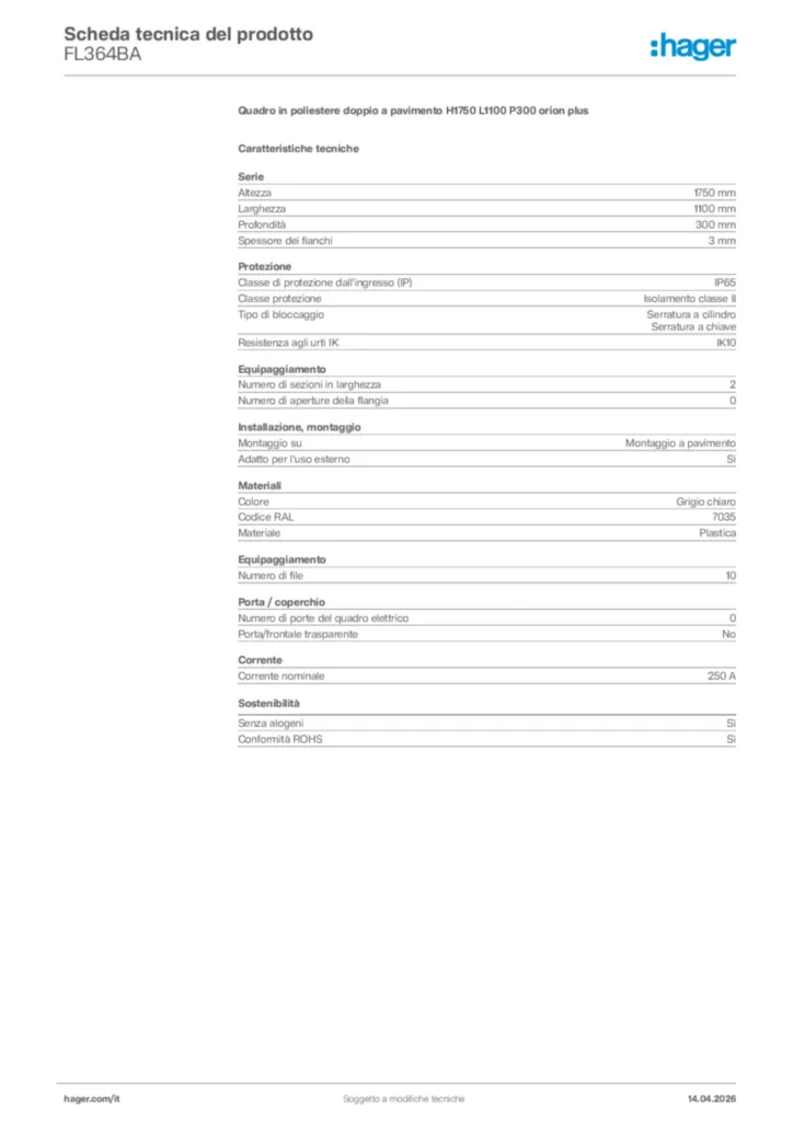 Immagine Hager Scheda tecnica del prodotto FL364BA | Hager Italia