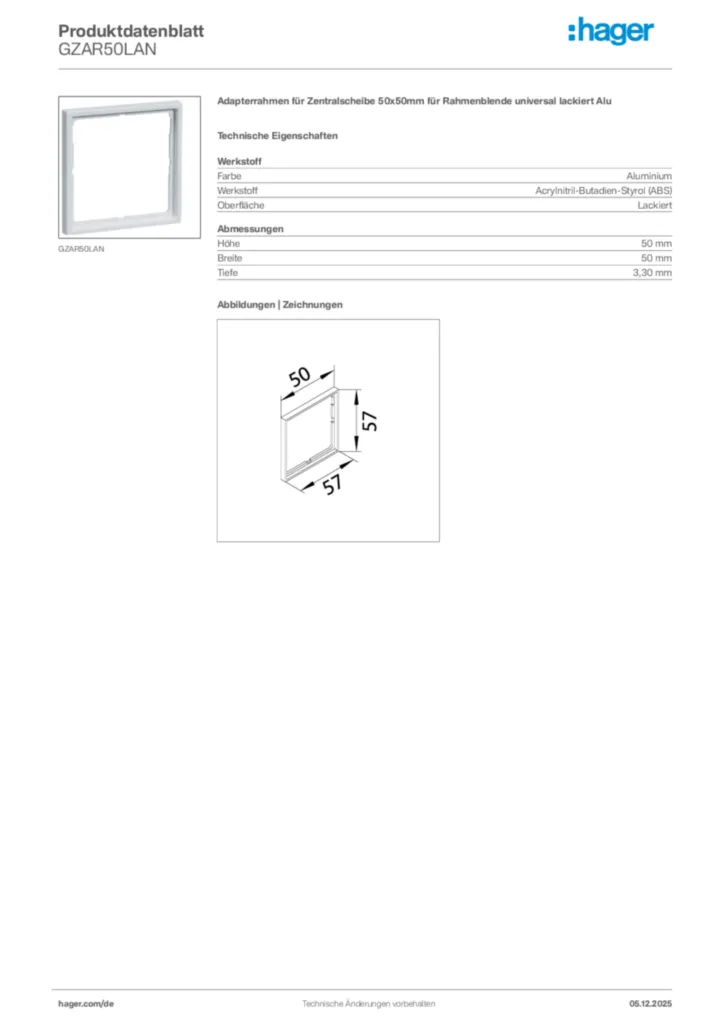 Bild Hager Produktdatenblatt GZAR50LAN | Hager Deutschland