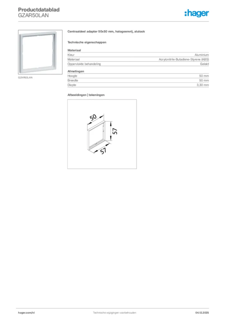 Afbeelding Hager Productdatablad GZAR50LAN | Hager Nederland