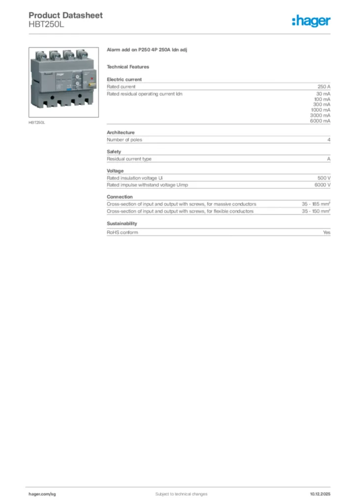 Image Hager Product data sheet HBT250L  | Hager