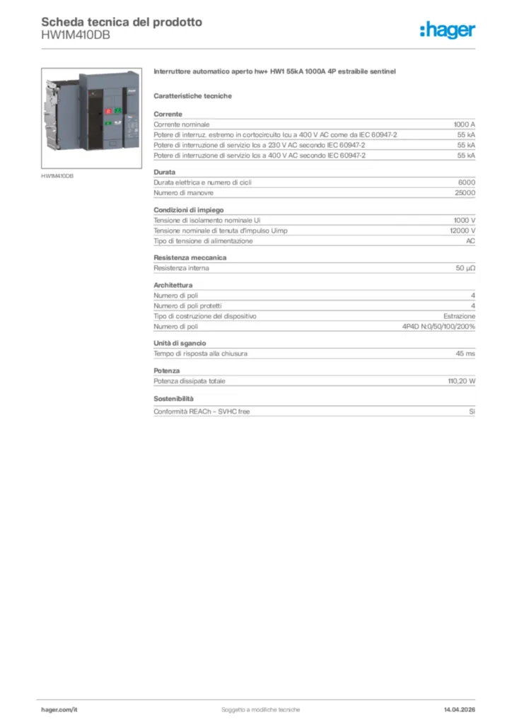 Immagine Hager Scheda tecnica del prodotto HW1M410DB | Hager Italia