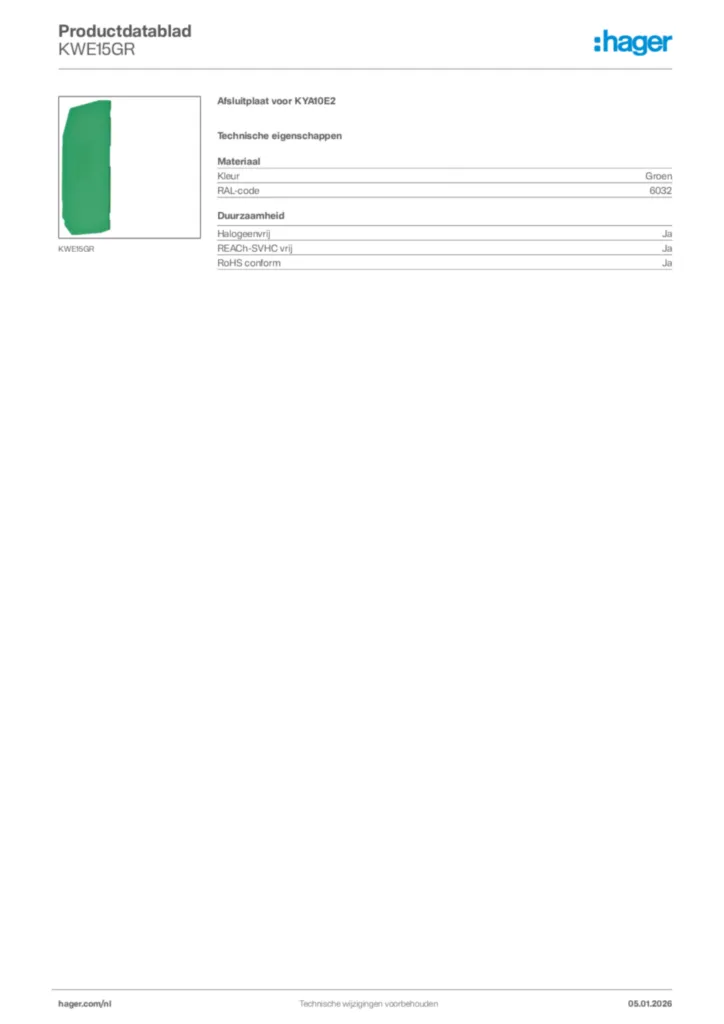 Afbeelding Hager Productdatablad KWE15GR | Hager Nederland