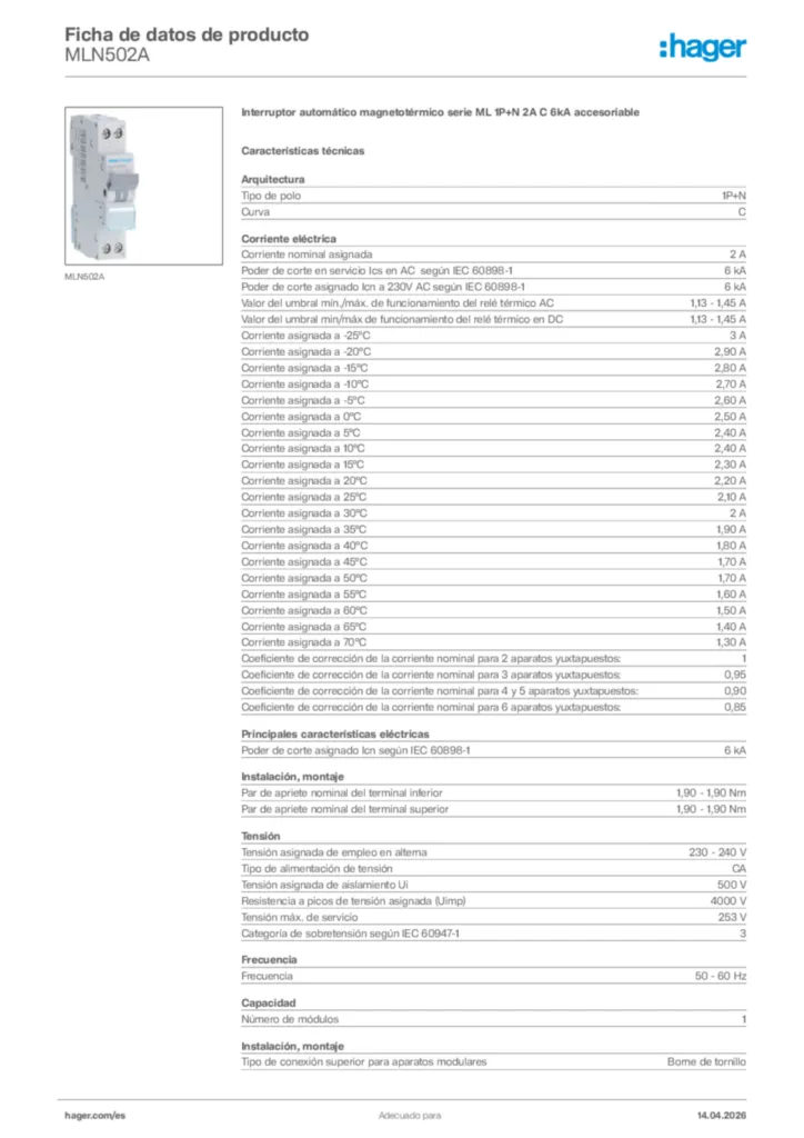 Imagen Hager Ficha de datos de producto MLN502A | Hager España