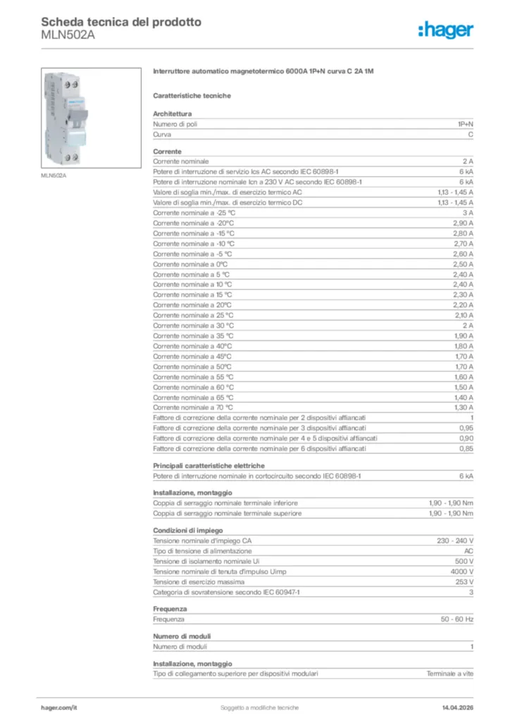 Immagine Hager Scheda tecnica del prodotto MLN502A | Hager Italia