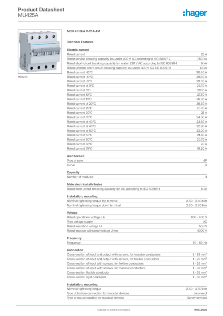 Image Hager Product data sheet MU425A  | Hager Africa